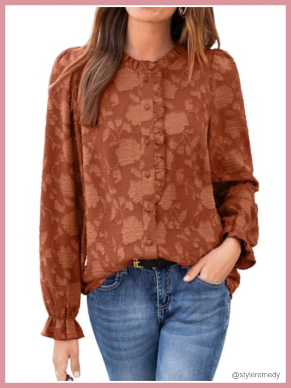 Simplee Womens Boho Floral Button Down Blouse Long Sleeve Ruffle Textured Top
